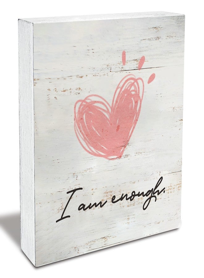 MAVOTEN Inspirational Quote I am Enough Wood Box Sign Rusitc Heart Print Wooden Box Sign Farmhouse Home Office Desk Shelf Decor (5 X 5 Inch) - Image 1